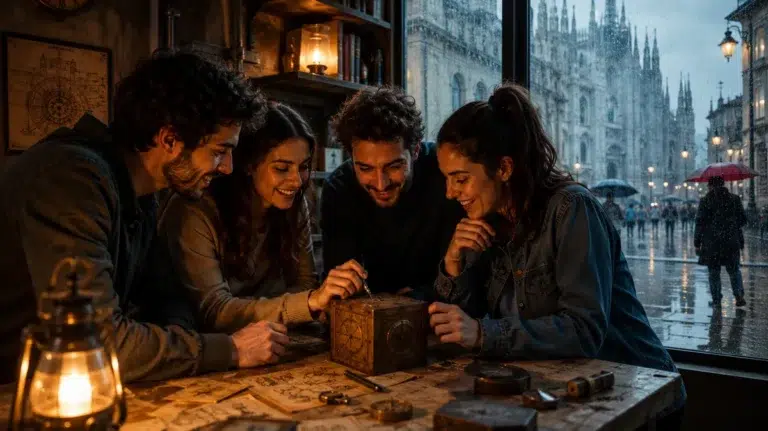 Gruppo di amici in escape room a Milano mentre fuori piove